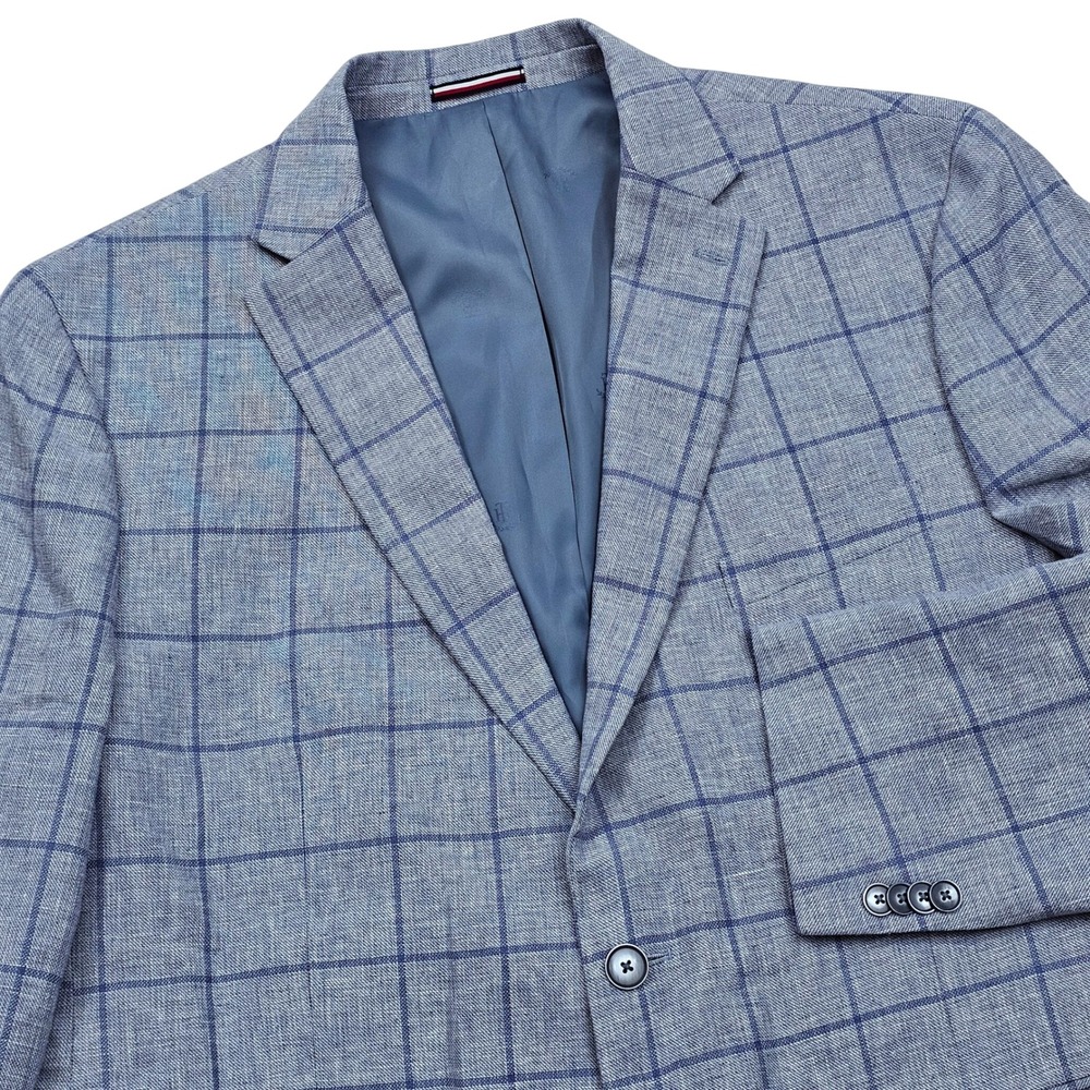 Tommy Hilfiger Blazer Mens 48R Blue White Windowpane Plaid Linen Cotton Preppy
